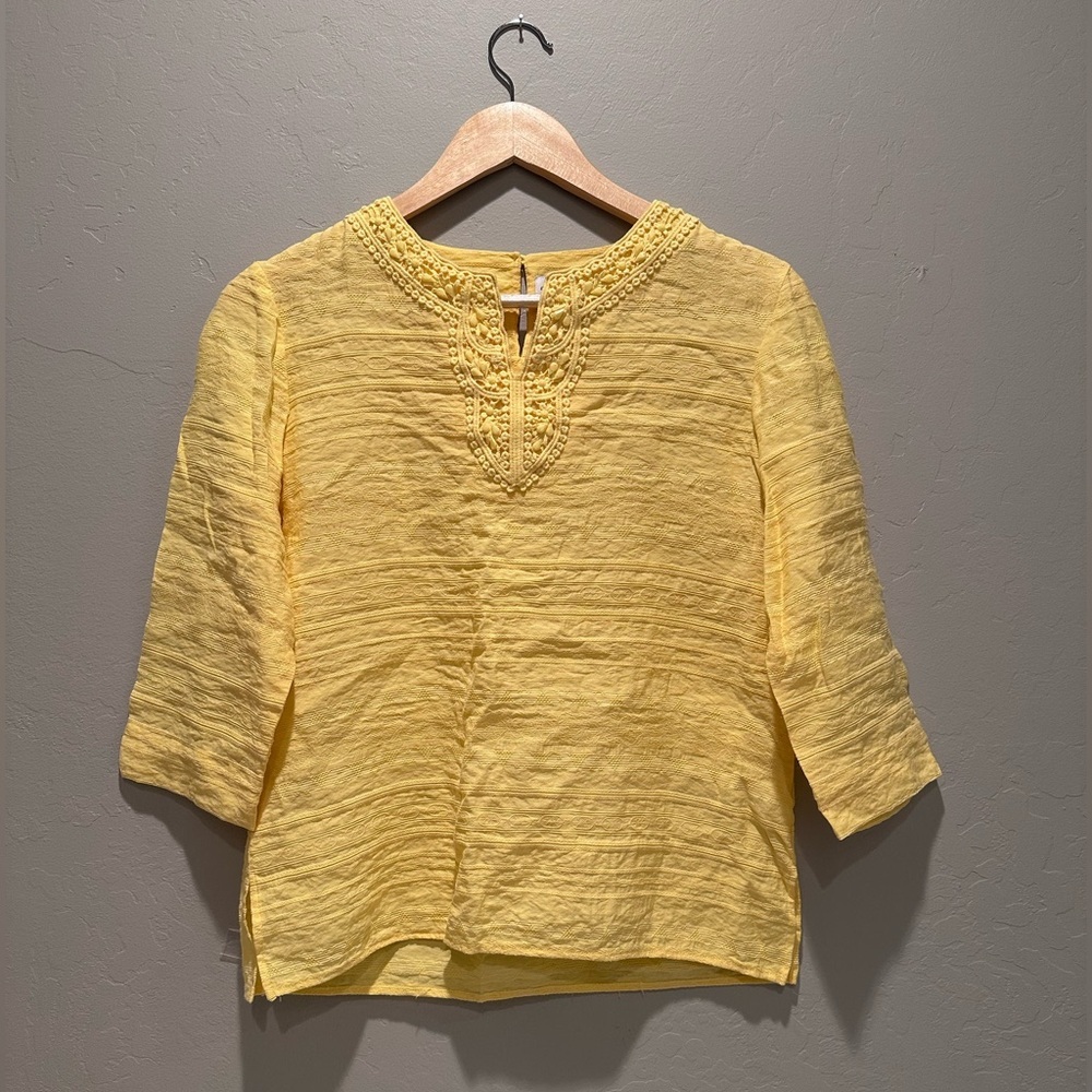 Alfred Dunner Women's‎ Yellow Embroidered Blouse Top 3/4 Sleeves Sz 6 Petite